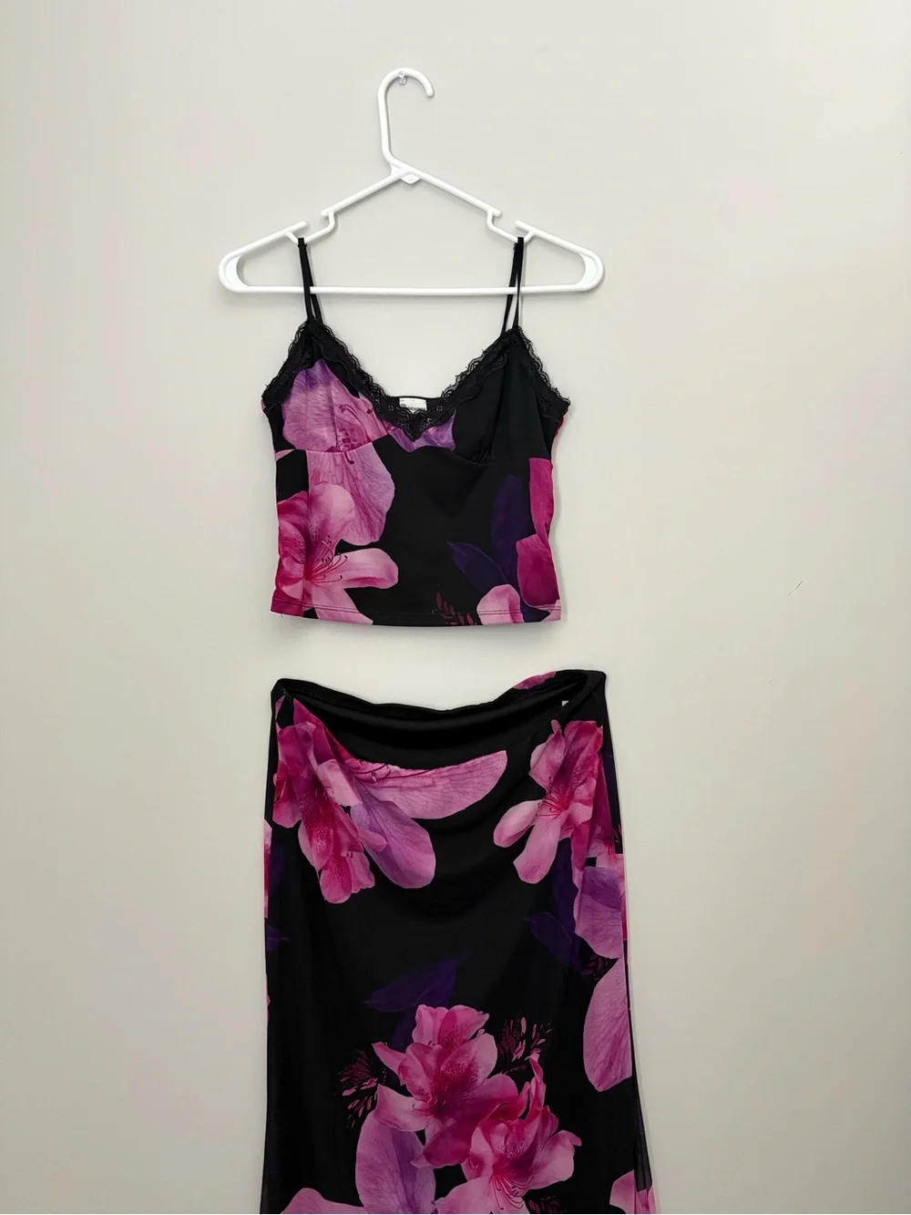 No Boundaries Black Floral Slip Skirt Set with Pink and Purple Blooms